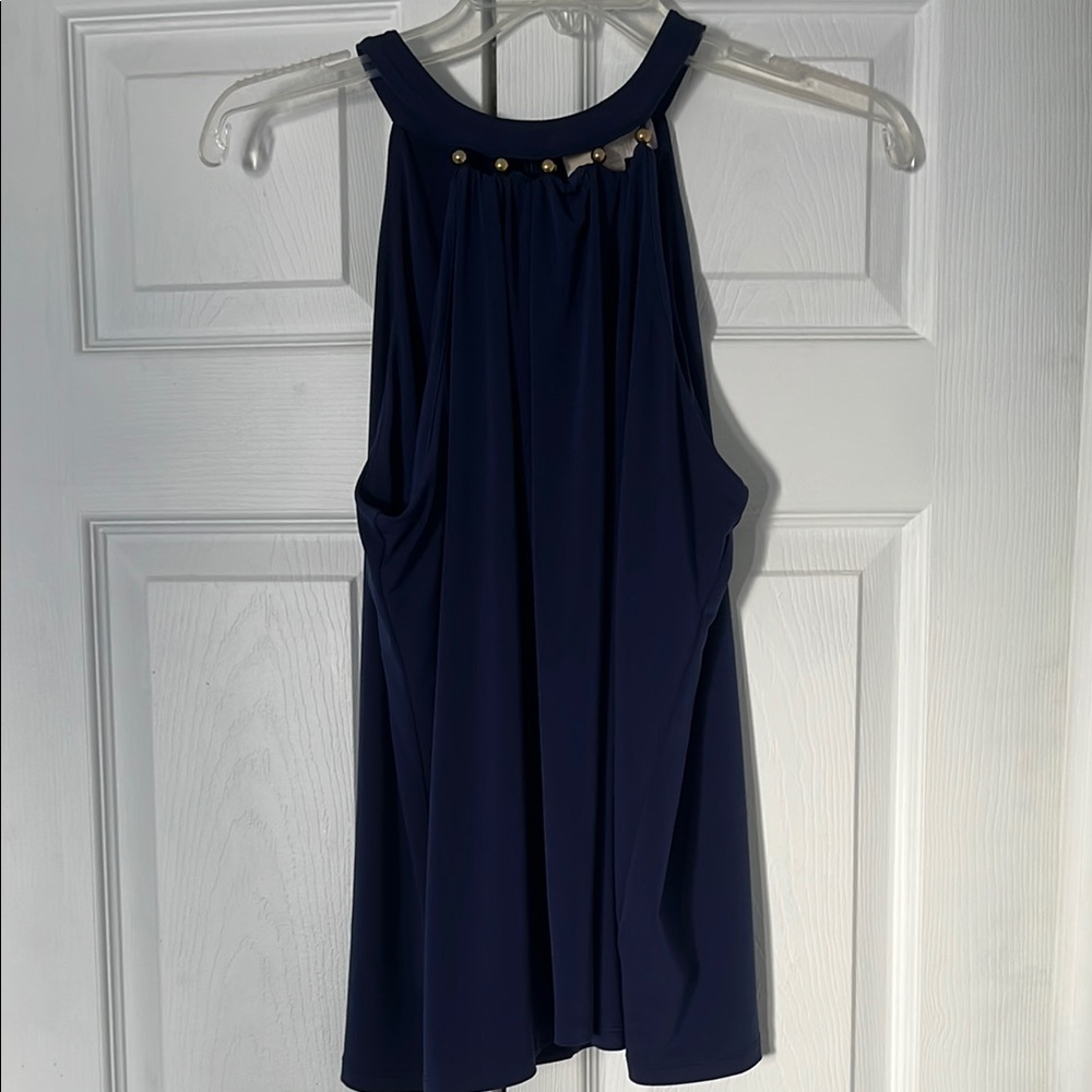 Navy Blue Sleeveless Top with Gold Accents